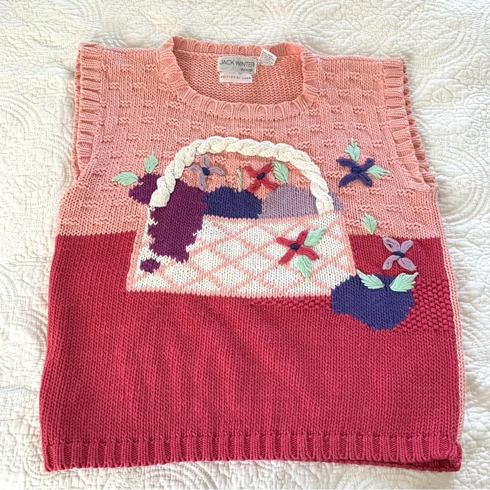 Vintage Sweater Jack Winter Hand Knit Easter Fruit Basket Sz Medium Petite Pink - Picture 11 of 12